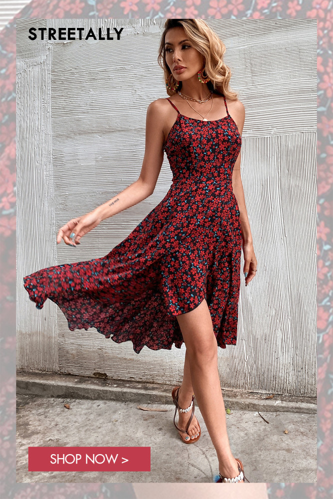 Trendy Red Print High Waist Midi Dress Sling Vacation Dresses