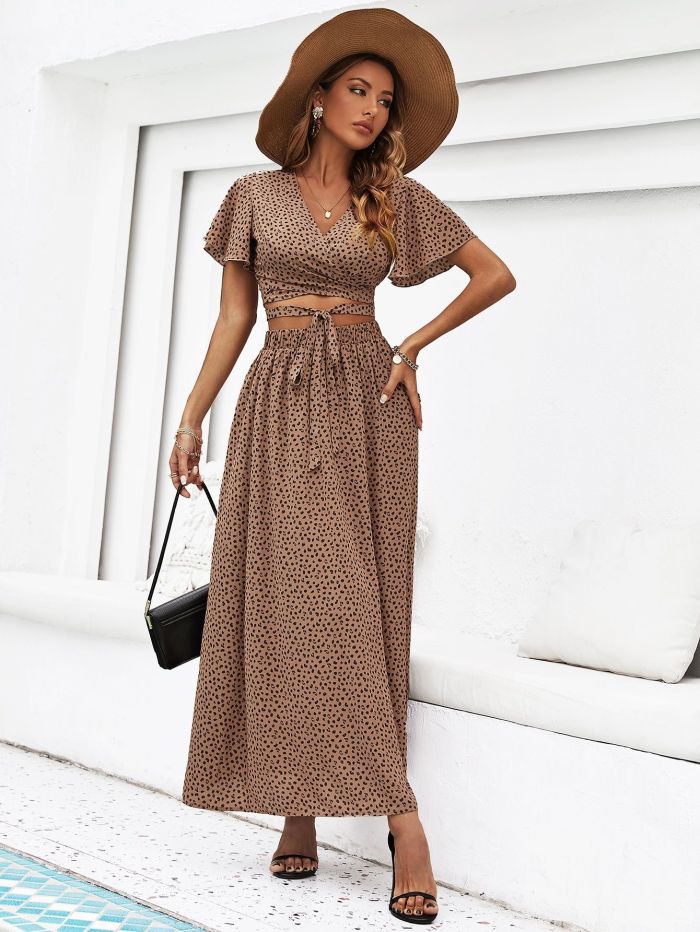 Leopard Print Short Sleeve Lace-Up Skirt Two Piece Resort Style New Women's Two-piece Outfits