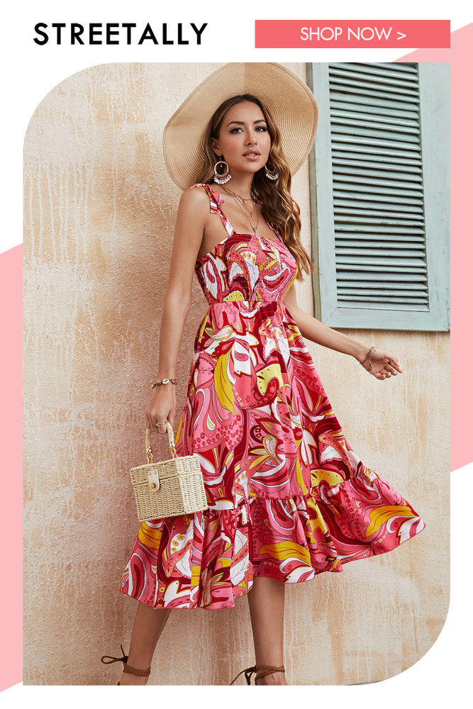 Elegant Resort Print Sling Wrap Ruffle Dress Maxi Dresses
