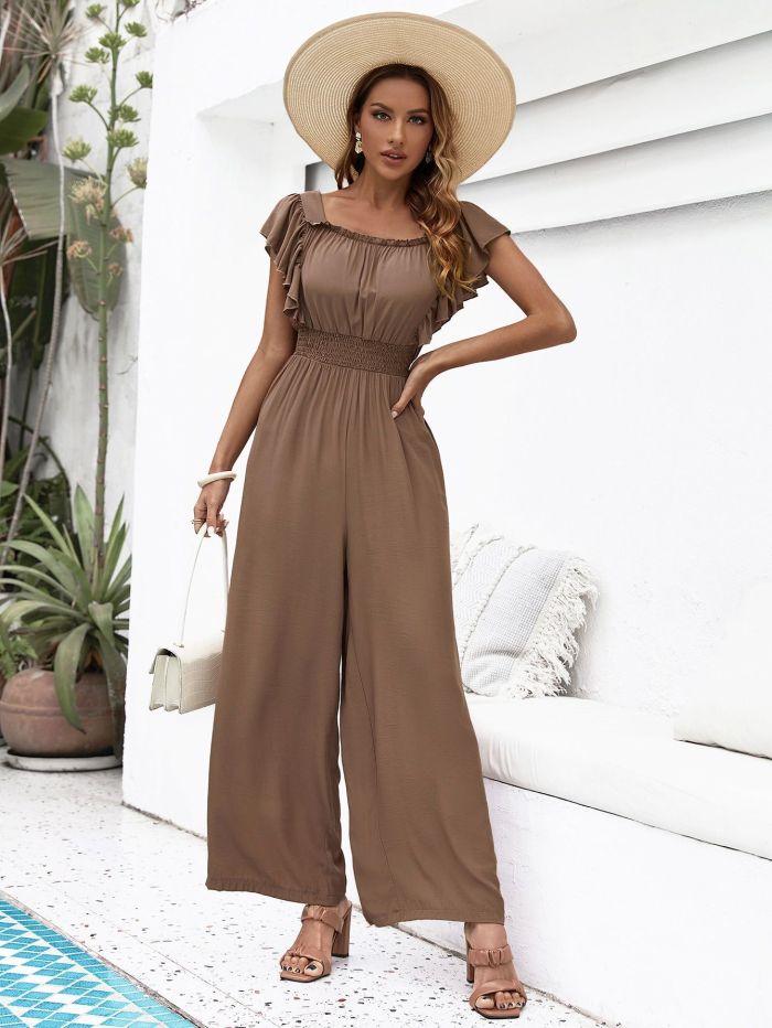 Casual Brown Short Sleeve Jumpsuits Resort Style New Women's Jumpsuits