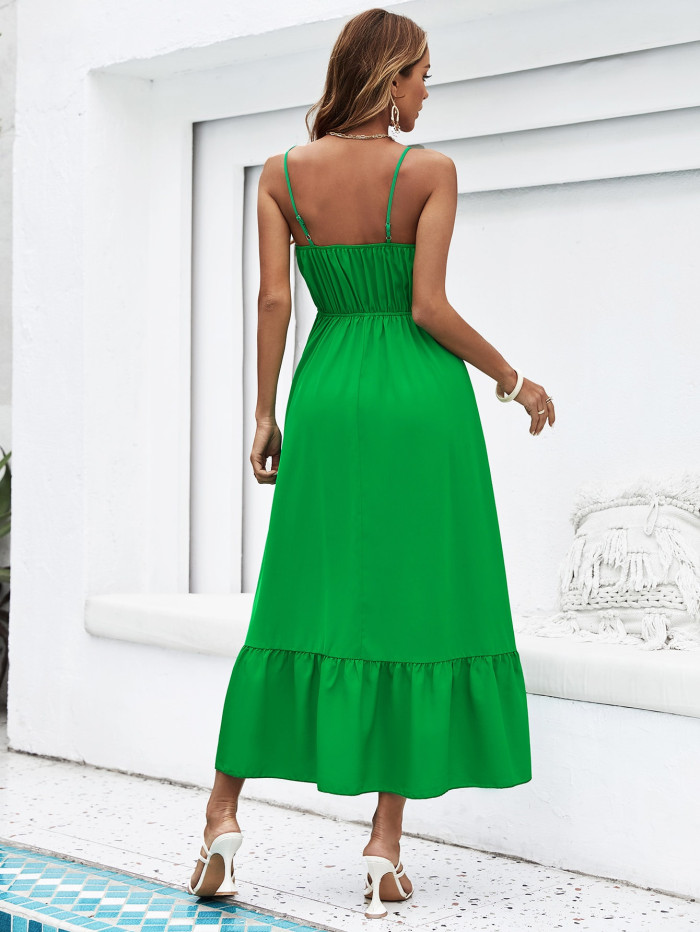 Boho Green Slip Dress Summer Women Solid Maxi Dresses