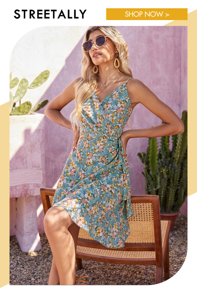 New Summer Print Sling Dress V Neck Slim Women Casual Dresses