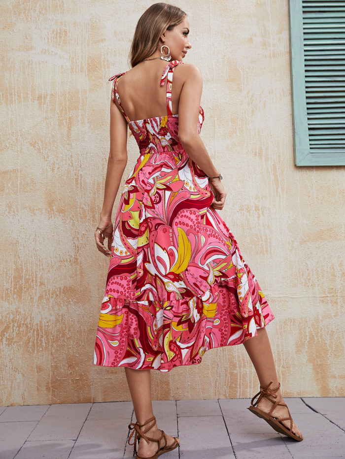 Elegant Resort Print Sling Wrap Ruffle Dress Maxi Dresses