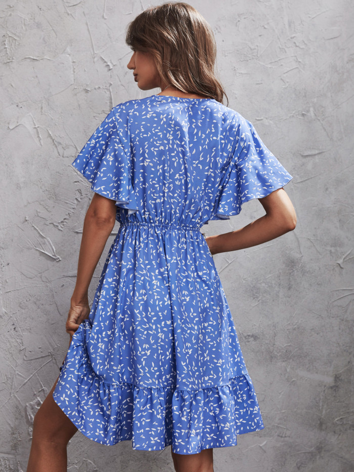 V-Neck Blue Floral Short Sleeve Ladies Short Dress Casual Dresses