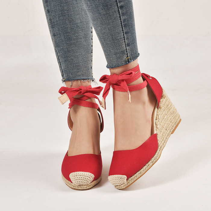 Summer New Solid Color French Ankle Strap Women Wedge Sandals