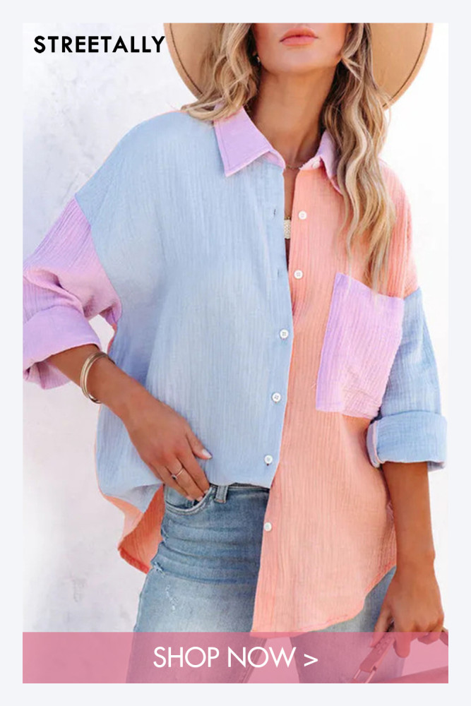 Women's Contrast Color Patchwork Long Sleeve Shirt Casual Loose Top Fashion Women Blouses & Shirts