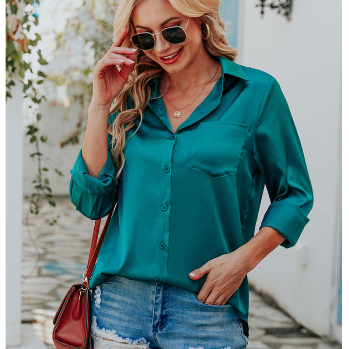 Loose Solid Color Satin Shirts Women Tops Long Sleeves Casual Shirts Fashion Blouses & Shirts