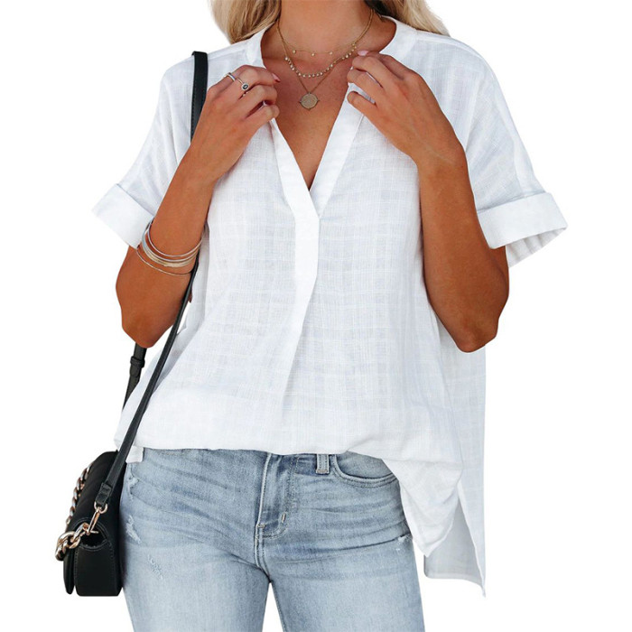 Ladies Elegant Top Casual V Neck Short Sleeve Loose Shirt Button Lapel Blouses & Shirts