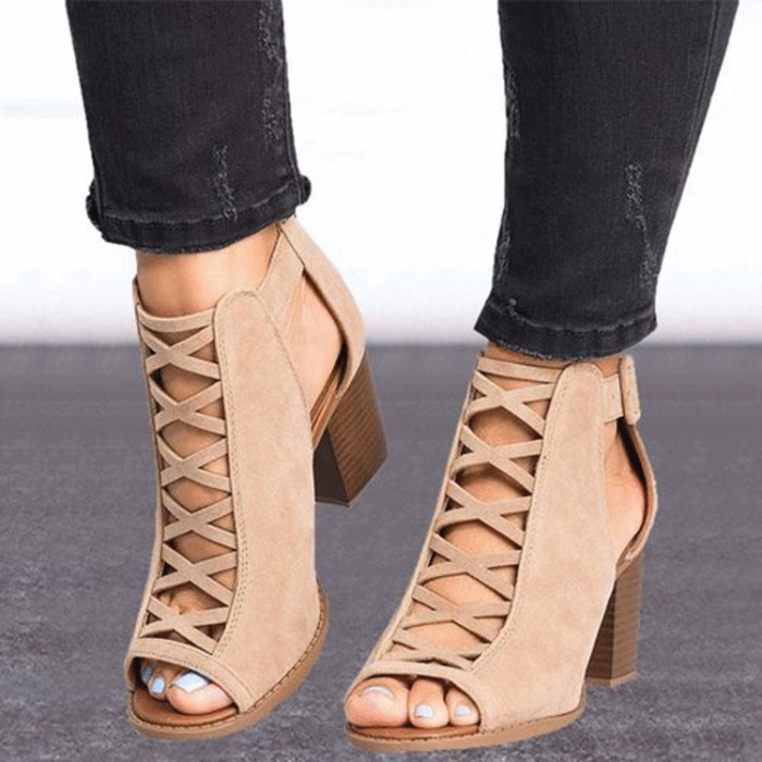 New Ladies Fish Mouth Chunky Heel High Heels One Word Ring Buckle Back Zipper Summer Heels