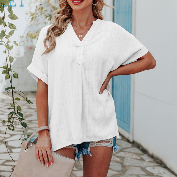 Ladies Elegant Top Casual V Neck Short Sleeve Loose Shirt Button Lapel Blouses & Shirts