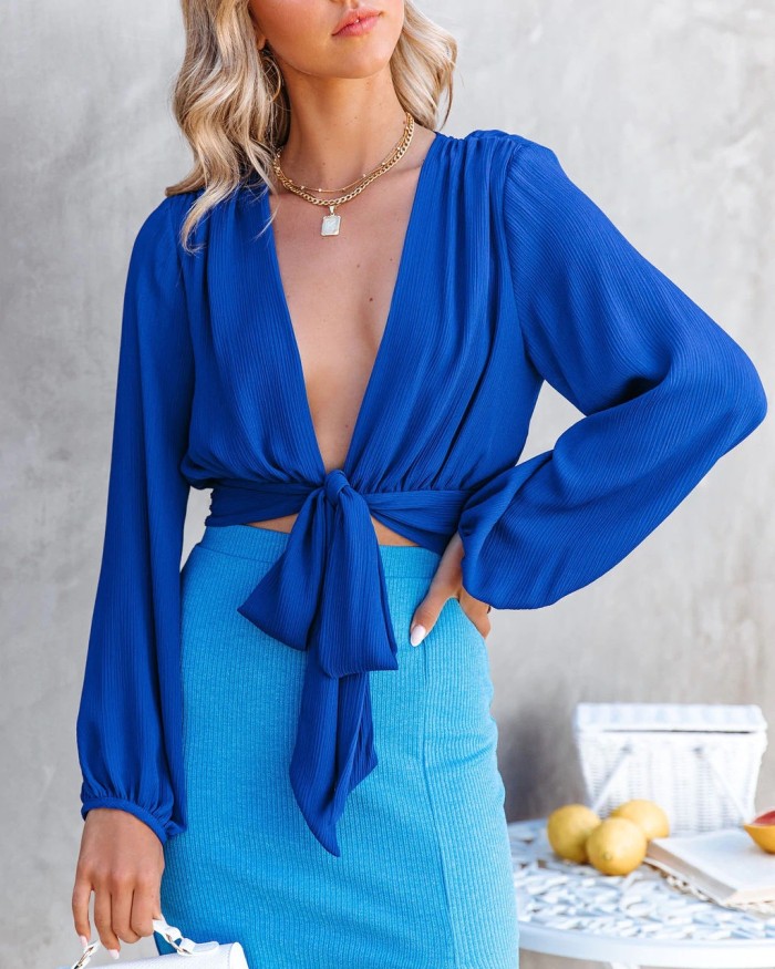 Summer Tie Chiffon Shirt V-Neck Bow Cropped Top Sexy Cropped Blouses & Shirts