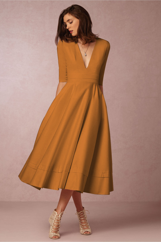 New Sexy Deep V Mid Sleeve Dress Midi Dress Skater Dresses