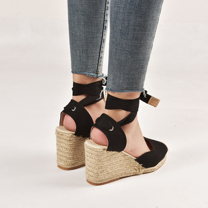 Summer New Solid Color French Ankle Strap Women Wedge Sandals