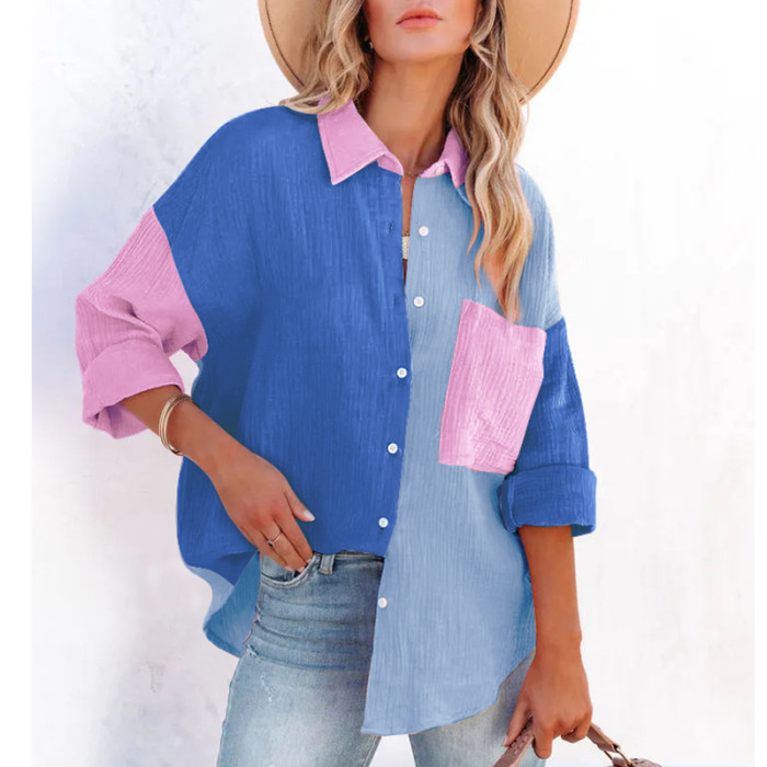 Women's Contrast Color Patchwork Long Sleeve Shirt Casual Loose Top Fashion Women Blouses & Shirts