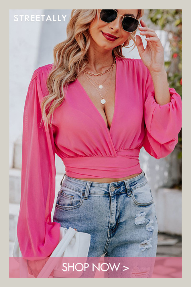 Summer Tie Chiffon Shirt V-Neck Bow Cropped Top Sexy Cropped Blouses & Shirts