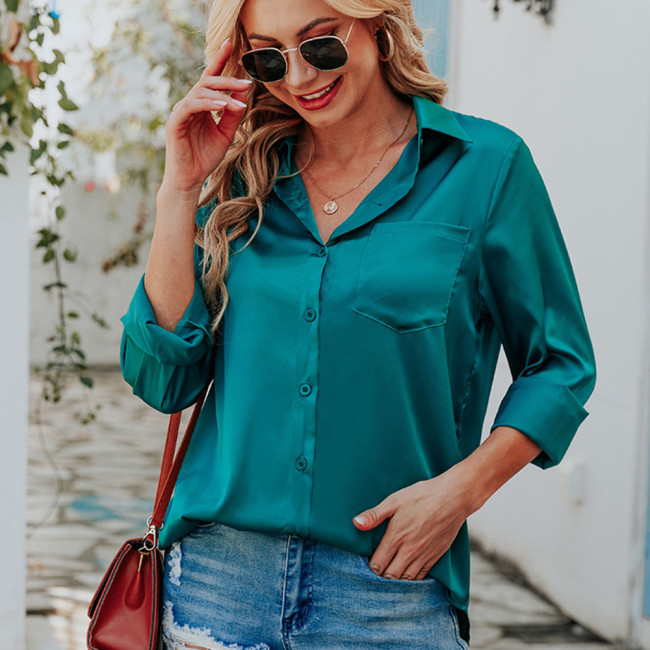 Loose Solid Color Satin Shirts Women Tops Long Sleeves Casual Shirts Fashion Blouses & Shirts