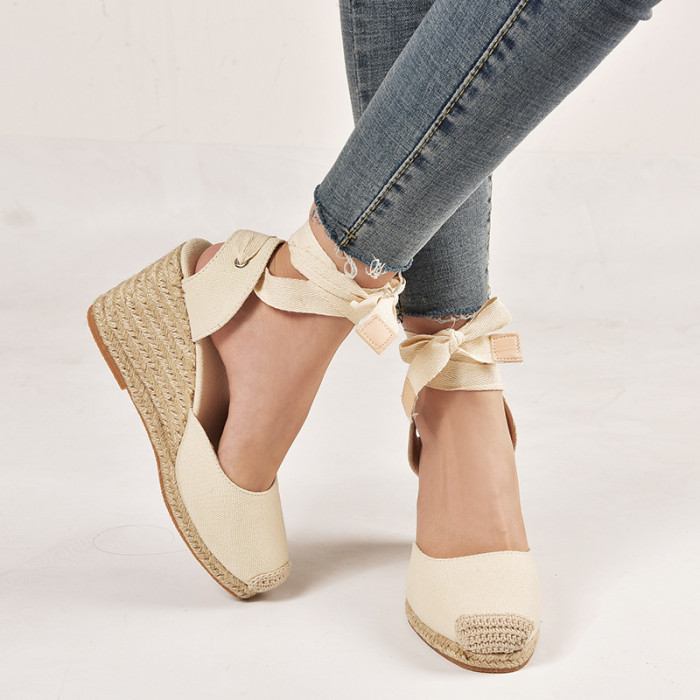 Summer New Solid Color French Ankle Strap Women Wedge Sandals