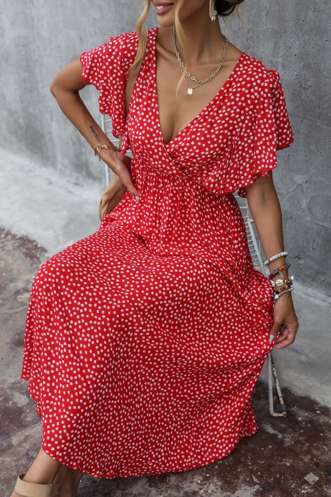 New Temperament Commuter Red Slim Polka Dot Dress Maxi Dresses