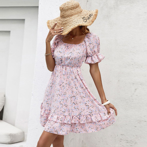New Resort-style Elegant Print Open-back Lace-up Ruffles Casual Dresses