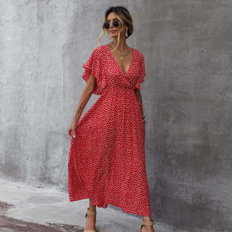 New Temperament Commuter Red Slim Polka Dot Dress Maxi Dresses