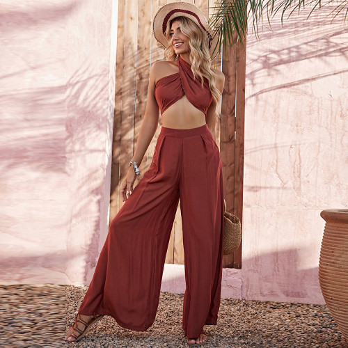 New Solid Color Sexy Halter Neck Wrap Chest Casual Wide-leg Trousers Two-piece Outfits