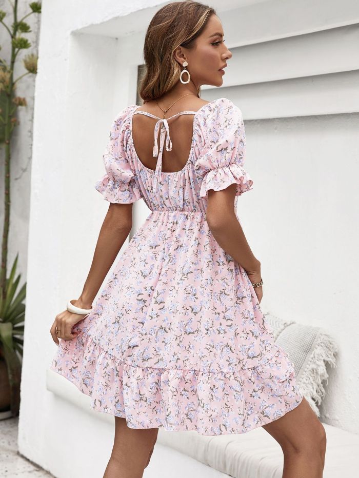 New Resort-style Elegant Print Open-back Lace-up Ruffles Casual Dresses