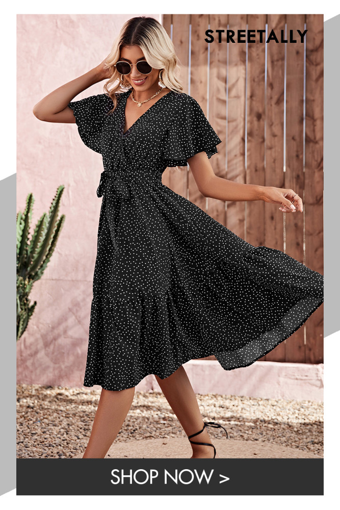 Casual Printed Dress V-Neck Lightweight Short Sleeve Waist Tie Polka Dot Dress Maxi Dresses