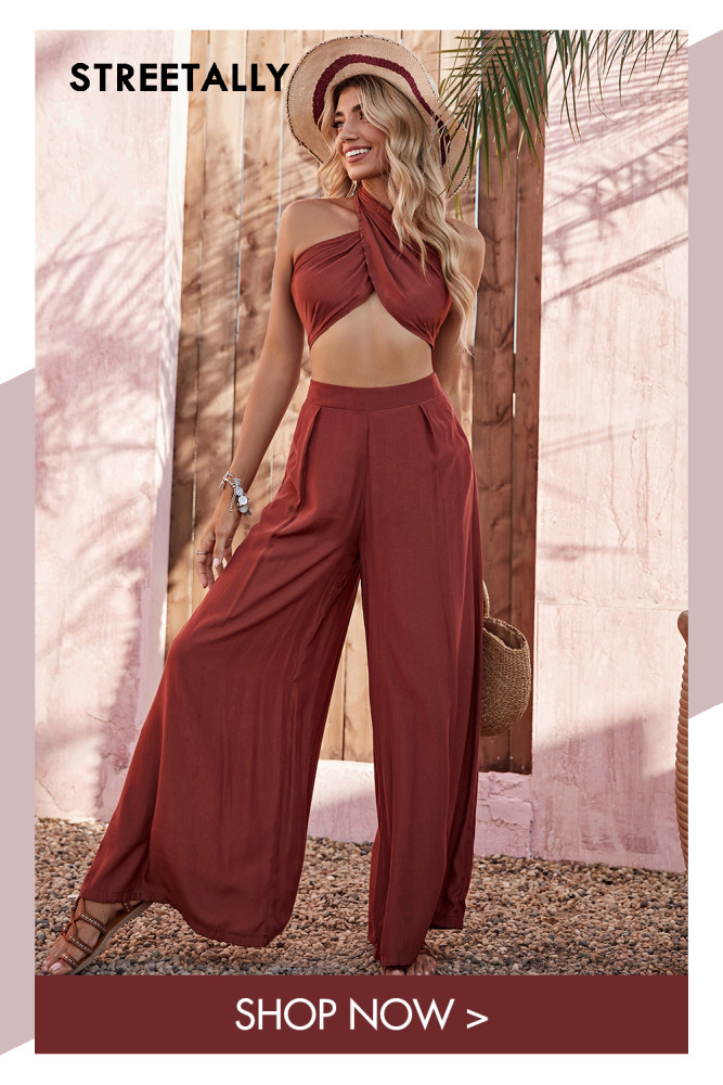 New Solid Color Sexy Halter Neck Wrap Chest Casual Wide-leg Trousers Two-piece Outfits