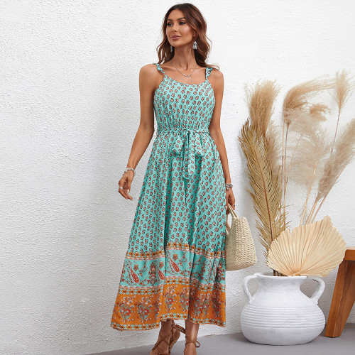 Women's New Trends Sling Print Waist Dress Maxi Dresses