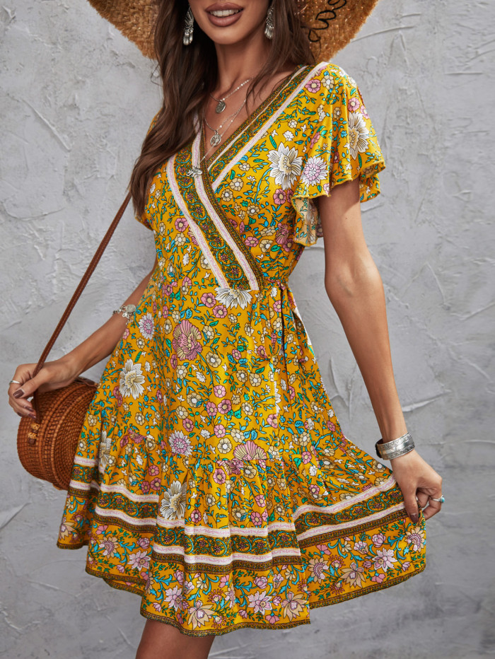 Women's Printed V-Neck Swing Short Sleeve Dress Casual Dresses