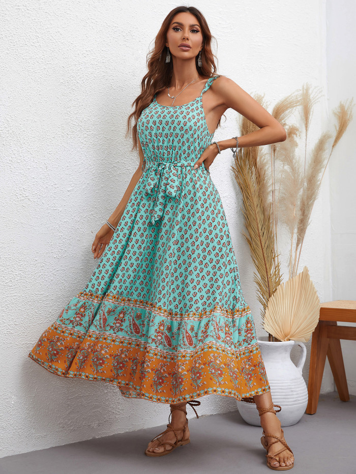 Women's New Trends Sling Print Waist Dress Maxi Dresses