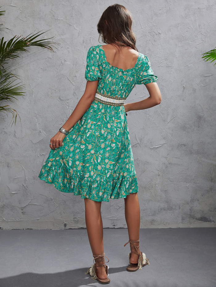New Floral Square Neck Short Sleeve Print Ruffle Dress Casual Dresses