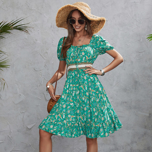 New Floral Square Neck Short Sleeve Print Ruffle Dress Casual Dresses