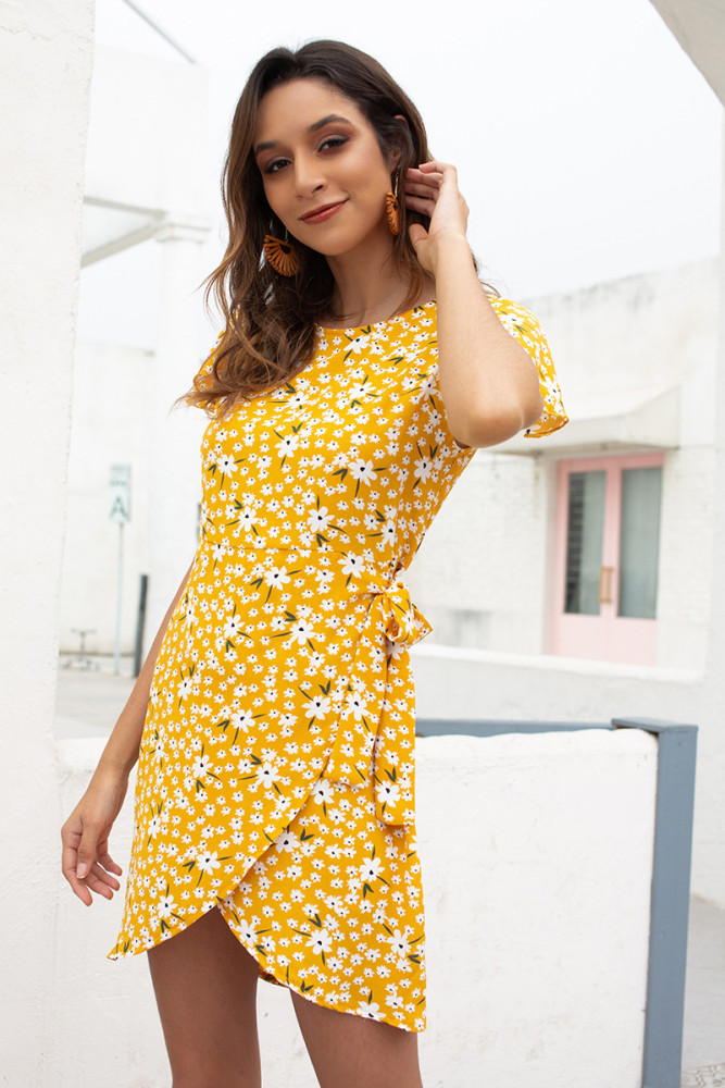 Floral Dress Summer New Women's Round Neck Small Floral Chiffon Dress Casual Dresses