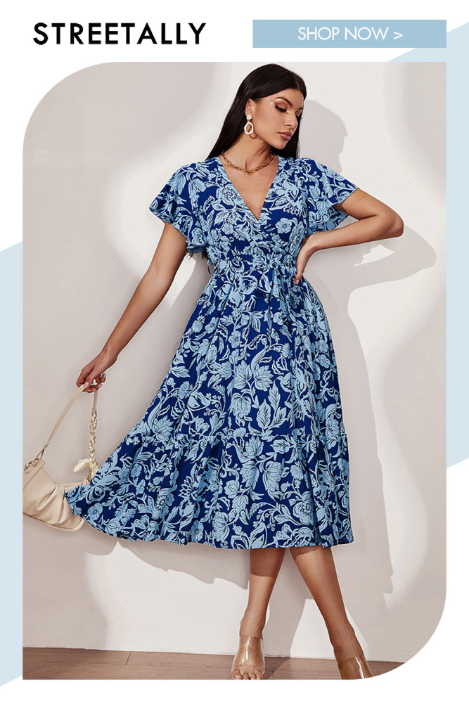 Women's Printed V-Neck Swing Dress Summer New Vacation Style Maxi Dresses