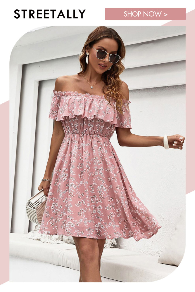 Off Shoulder Sexy Ladies Dress Summer Floral Ruffle Casual Dresses