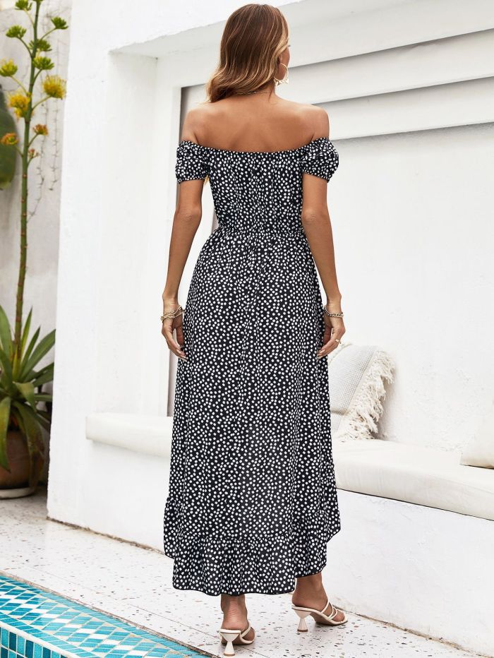 Black And White Polka Dot Off-the-shoulder Ladies Dress Resort Style Maxi Dresses