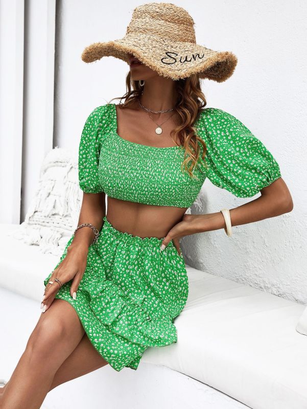 Ladies Short Sleeve Skirt Two-piece Suit Summer New Resort Style Two-piece Outfits