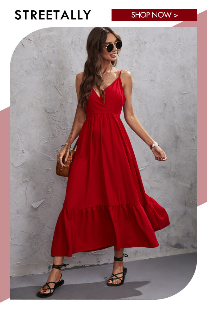 Summer New Red Sling Dress Pleated Ladies Maxi Dresses