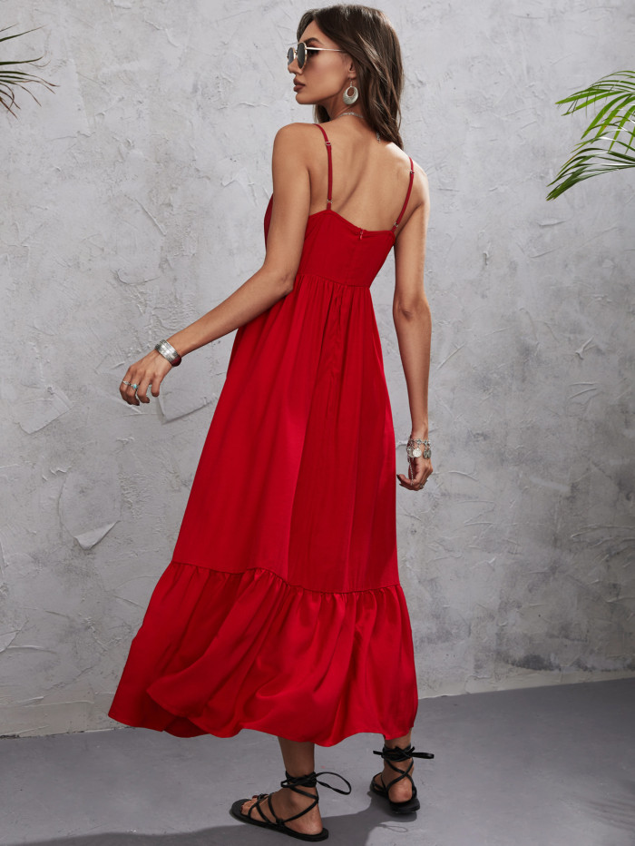 Summer New Red Sling Dress Pleated Ladies Maxi Dresses