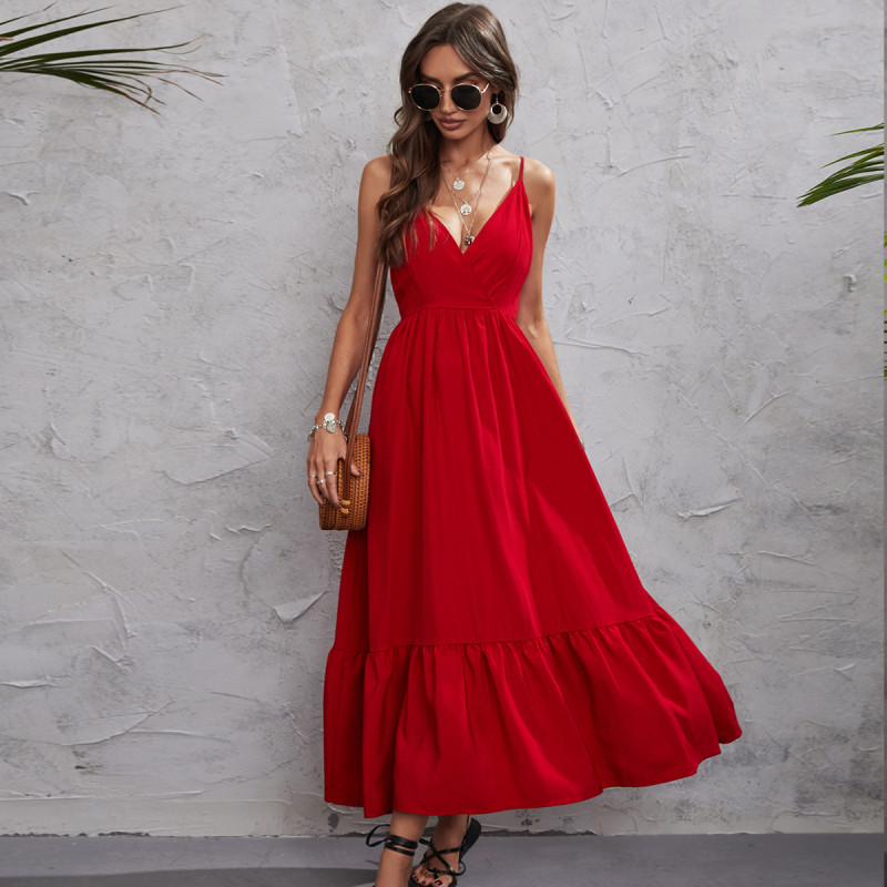 Summer New Red Sling Dress Pleated Ladies Maxi Dresses