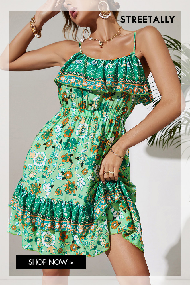 Vacation Style Summer New Sling Print Waist Dress Casual Dresses
