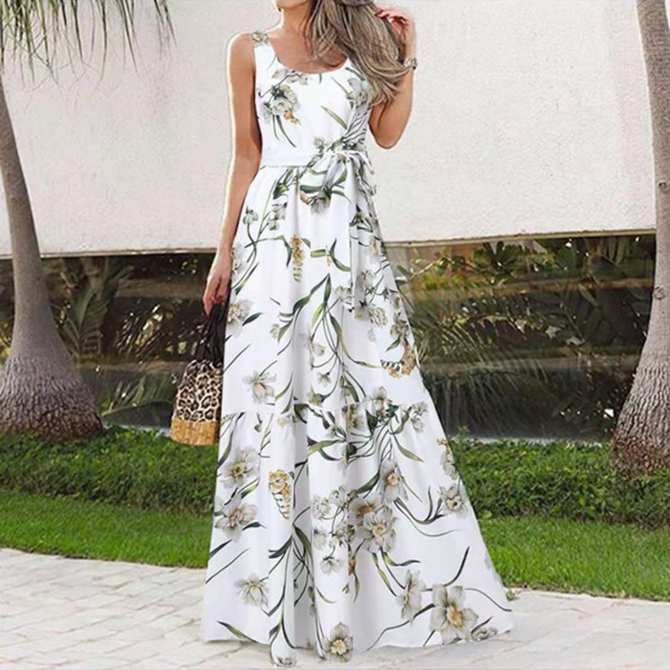 New Summer Bohemian Corset Waist Long Flower Print Pleated Women Maxi Dresses