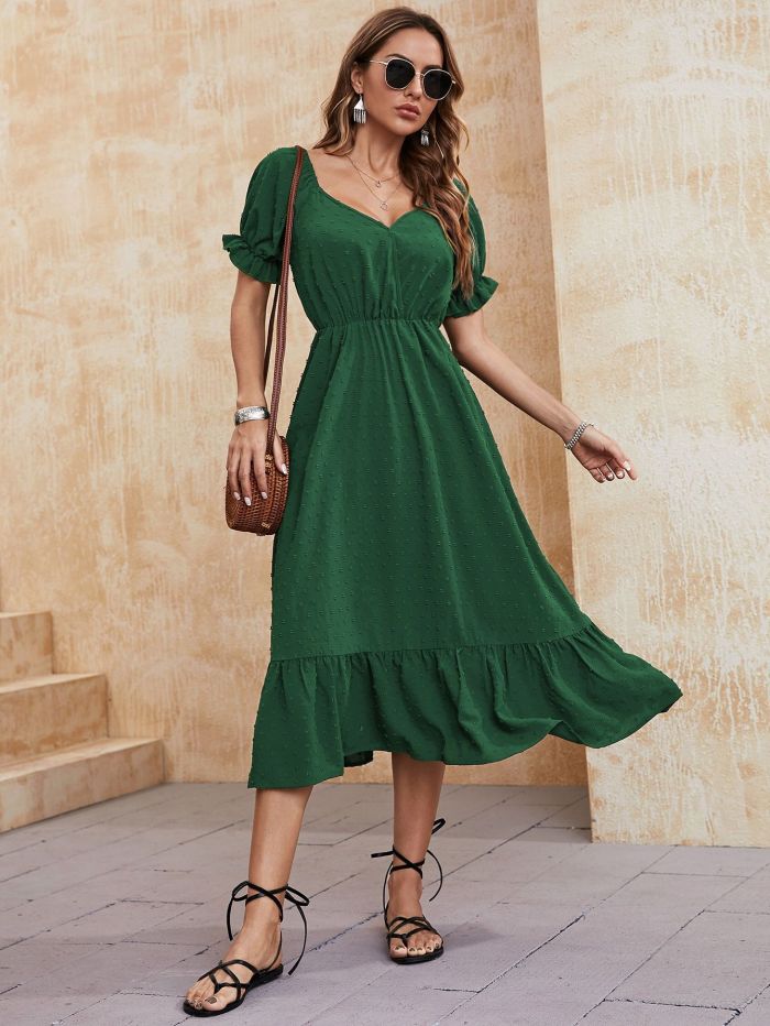 Waist Short Sleeve Women's New Elegant Solid Color Midi Dresses
