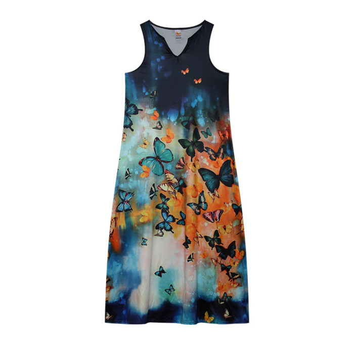 New Women's Sleeveless Maxi Dresses V-Neck Butterfly Print Maxi Dresses