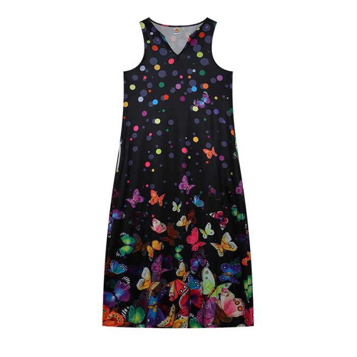 New Women's Sleeveless Maxi Dresses V-Neck Butterfly Print Maxi Dresses
