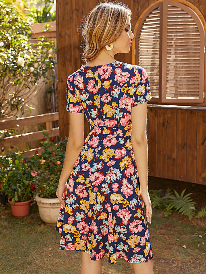 New Pastoral Floral Print Sweet French V-Neck Front Tie Waist Thin A-Line Casual Dresses