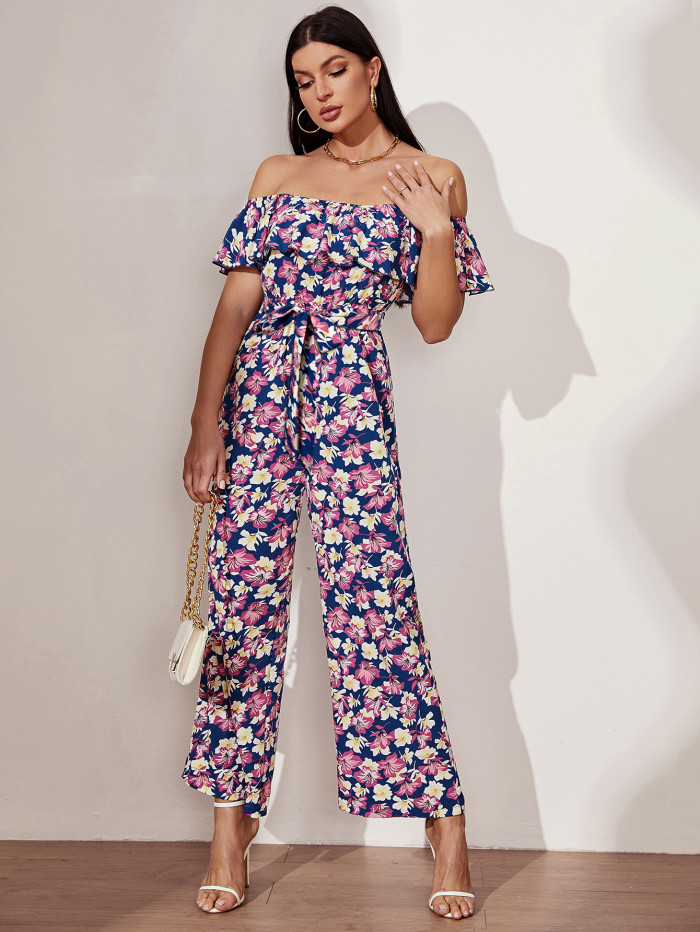 Ladies Off-the-shoulder Printed Jumpsuit New Resort Style Jumpsuits