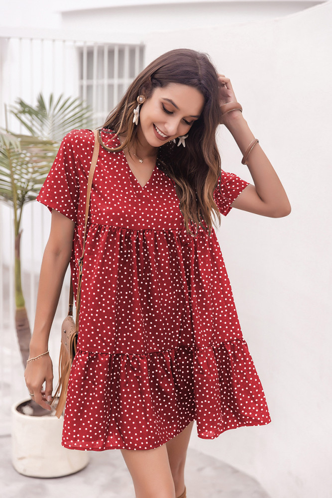 Fashionable Ladylike Temperament Polka Dot Elegant Short-sleeved Round Neck Casual Dresses