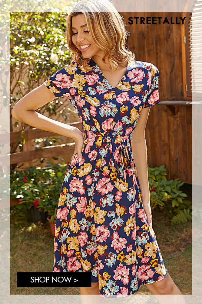 New Pastoral Floral Print Sweet French V-Neck Front Tie Waist Thin A-Line Casual Dresses